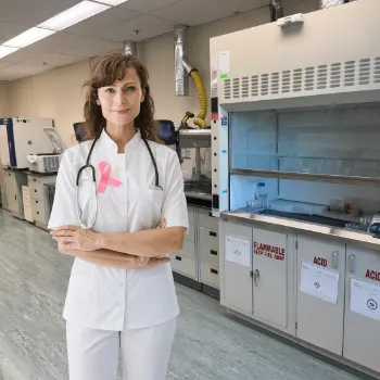 Clinician in a BioMark Diagnostics laboratory wearing a stethoscope and pink breast-cancer ribbon beside a chemical fume hood used in metabolomic cancer research.
