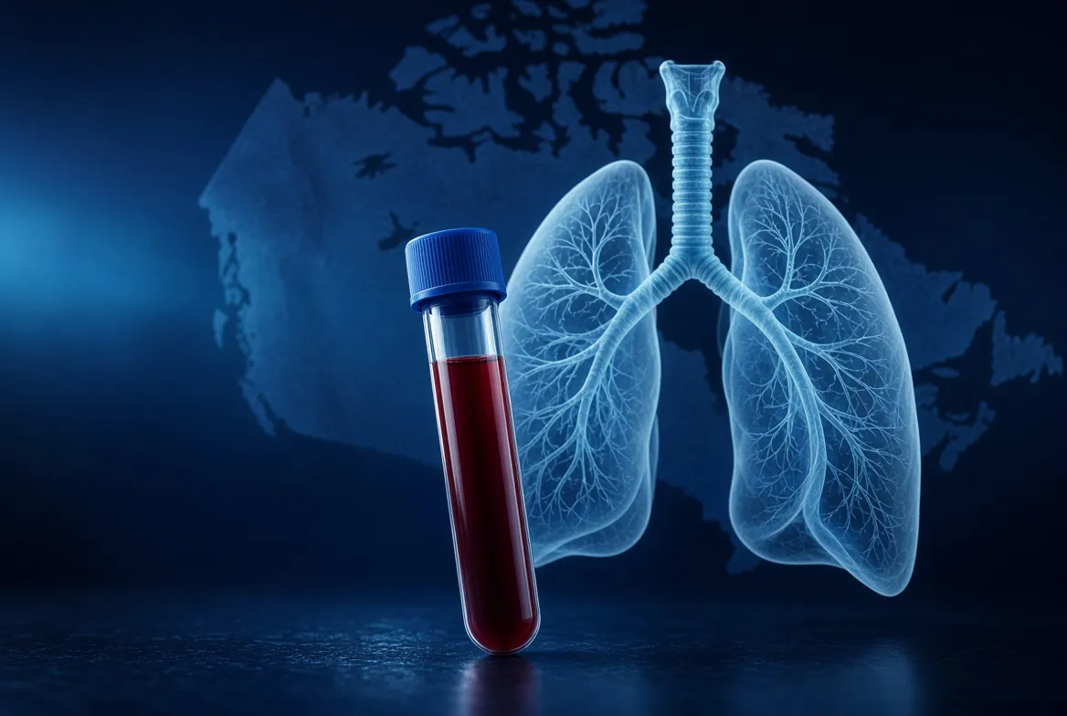 Blood collection tube in front of a translucent lung illustration and a silhouette of Canada, representing BioMark’s home-based metabolomics liquid biopsy for remote lung cancer screening.