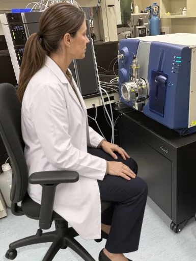 Female scientist in a white lab coat seated at a laboratory mass spectrometer in BioMark's Diagnostics facility, analyzing samples for metabolomics-based liquid biopsy cancer testing.