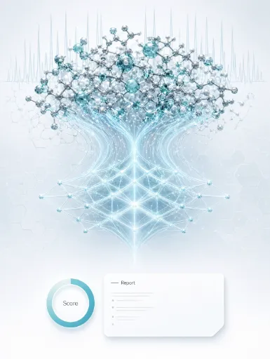 Portrait concept illustration of BioMark’s metabolomics-to-AI workflow: a dense cloud of metabolite molecules and chromatogram traces flows into a neural network and resolves into a simple clinical score ring and a clean report card.