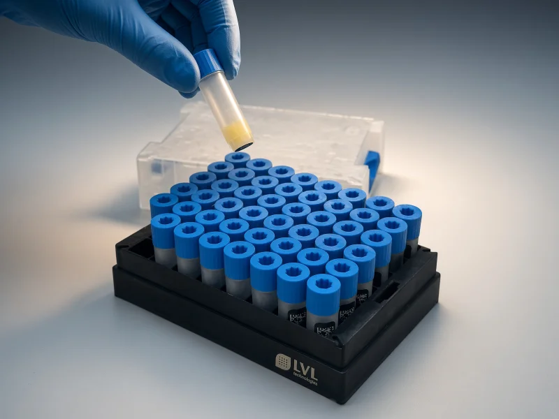 Hand selecting a barcoded sample vial from a rack of blue-capped aliquots in the BioMark Québec metabolomics laboratory.