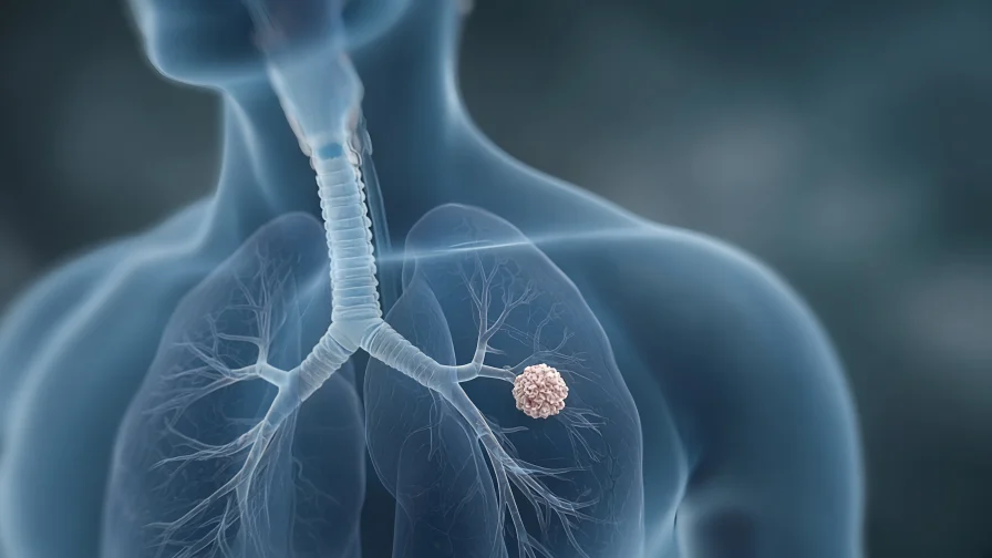Translucent anatomical illustration of a human chest showing trachea, bronchial airways, lungs, and a single tumor mass in the left lung.