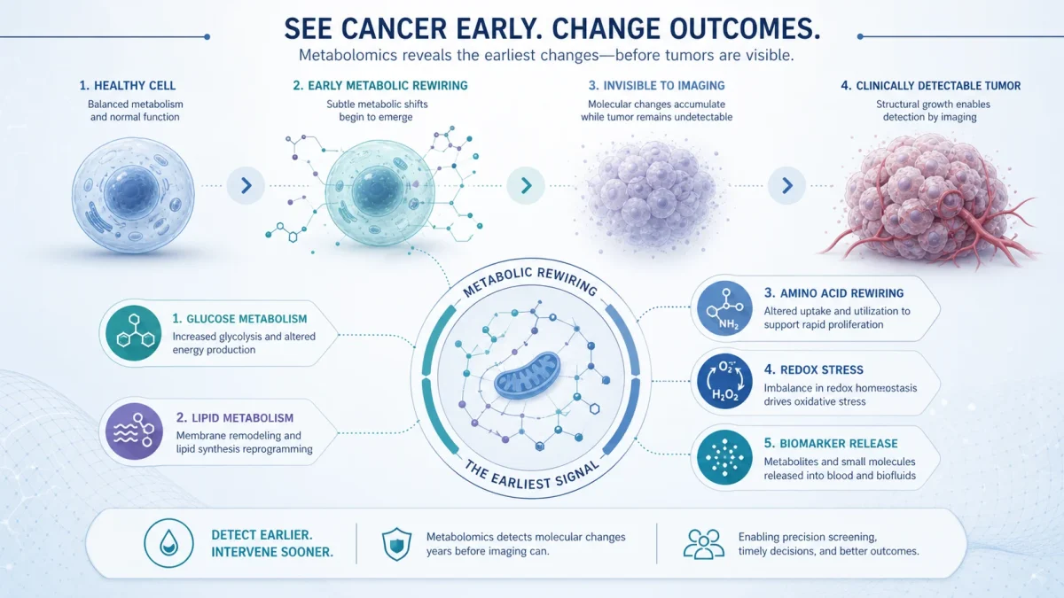 Infographic showing cancer progressing from a healthy cell through early metabolic rewiring and an imaging-invisible stage to a clinically detectable tumor, with five metabolomic pathways: glucose, lipids, amino acids, redox stress, and biomarker release into biofluids.