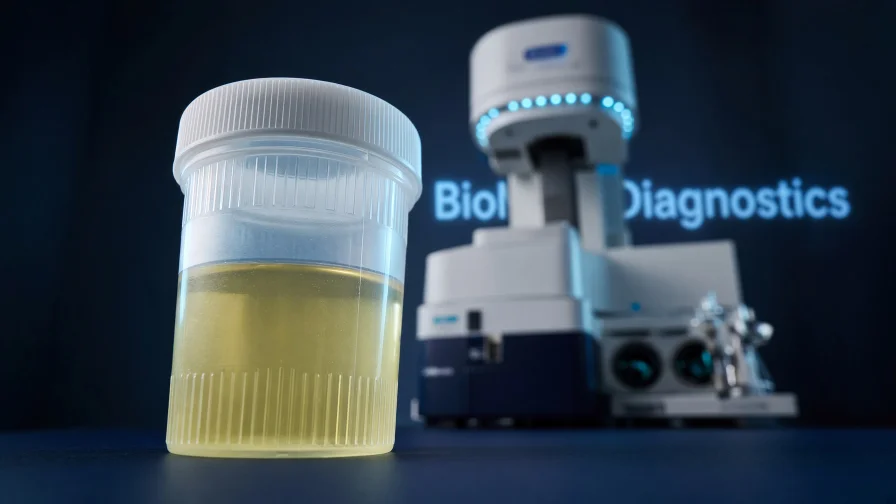 Low-angle photograph of a urine specimen cup on a lab bench, with a defocused Phytronix Luxon ion source in the background for BioMark’s SSAT1 liquid biopsy assay.