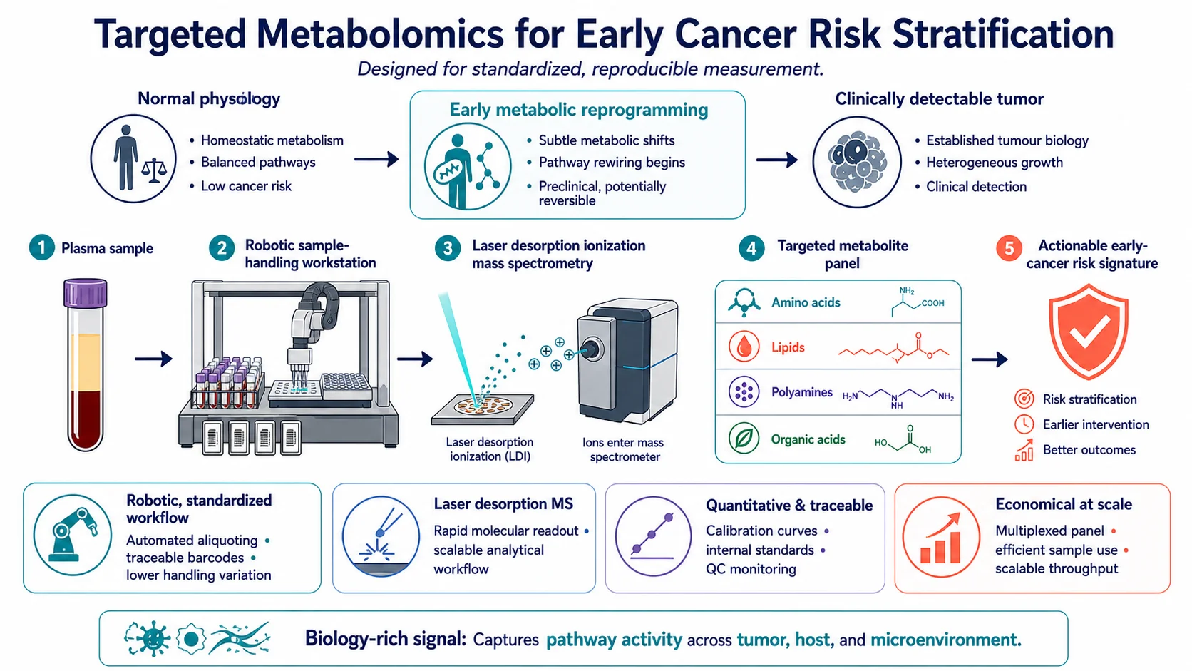 Infographic of BioMark-style targeted metabolomics: plasma liquid biopsy, robotic sample handling, laser desorption ionization mass spectrometry, a metabolite panel of amino acids lipids polyamines and organic acids, and an early-cancer risk signature.