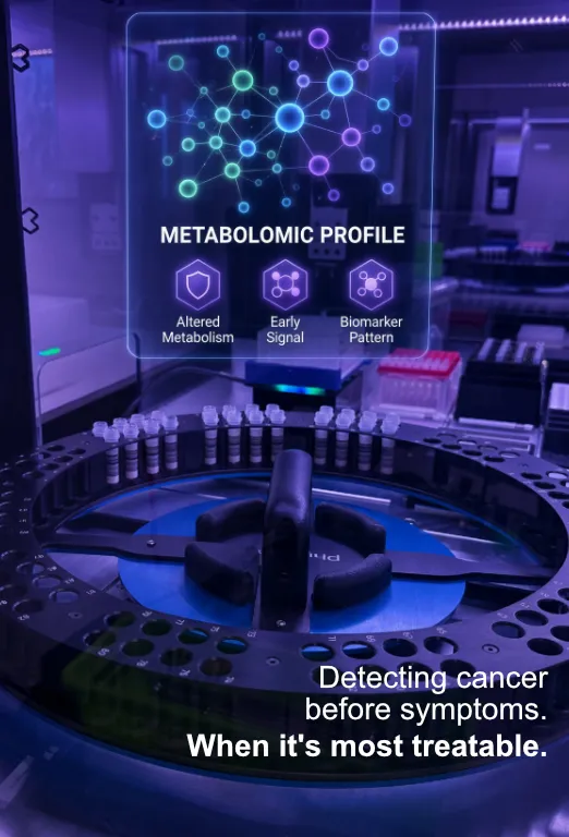 Laboratory autosampler with metabolomic profile overlay for BioMark Diagnostics early-stage cancer detection before symptoms.